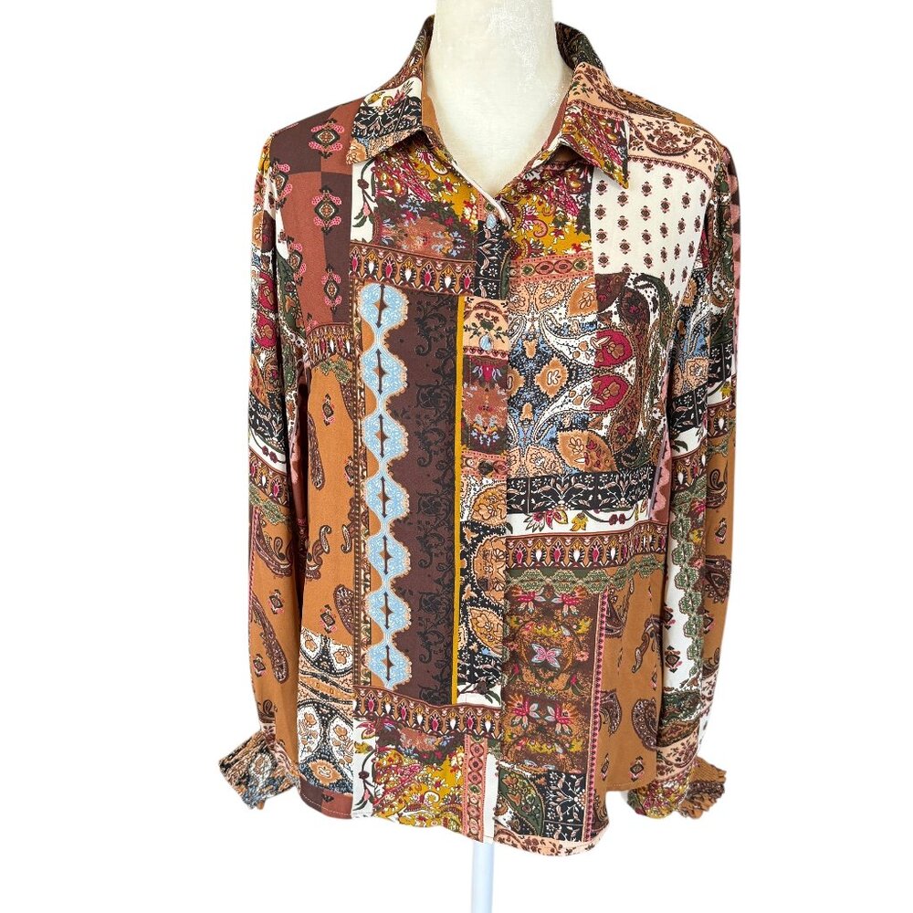 Tahari multicolored long sleeve collared button down shirt blouse women's small